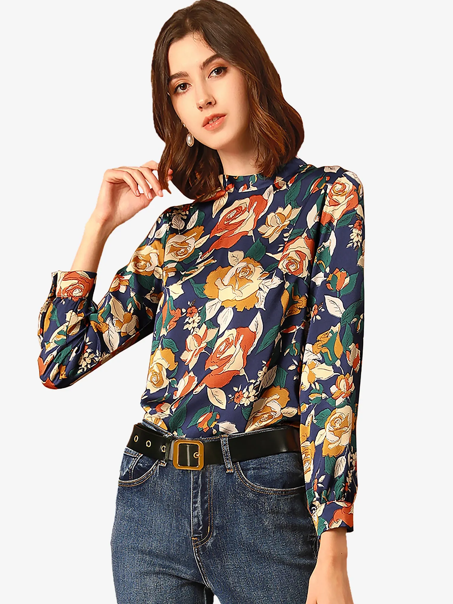 Bow Tie Neck Button Back Long Sleeve Floral Vintage Blouse Shirt sold by Allegra K