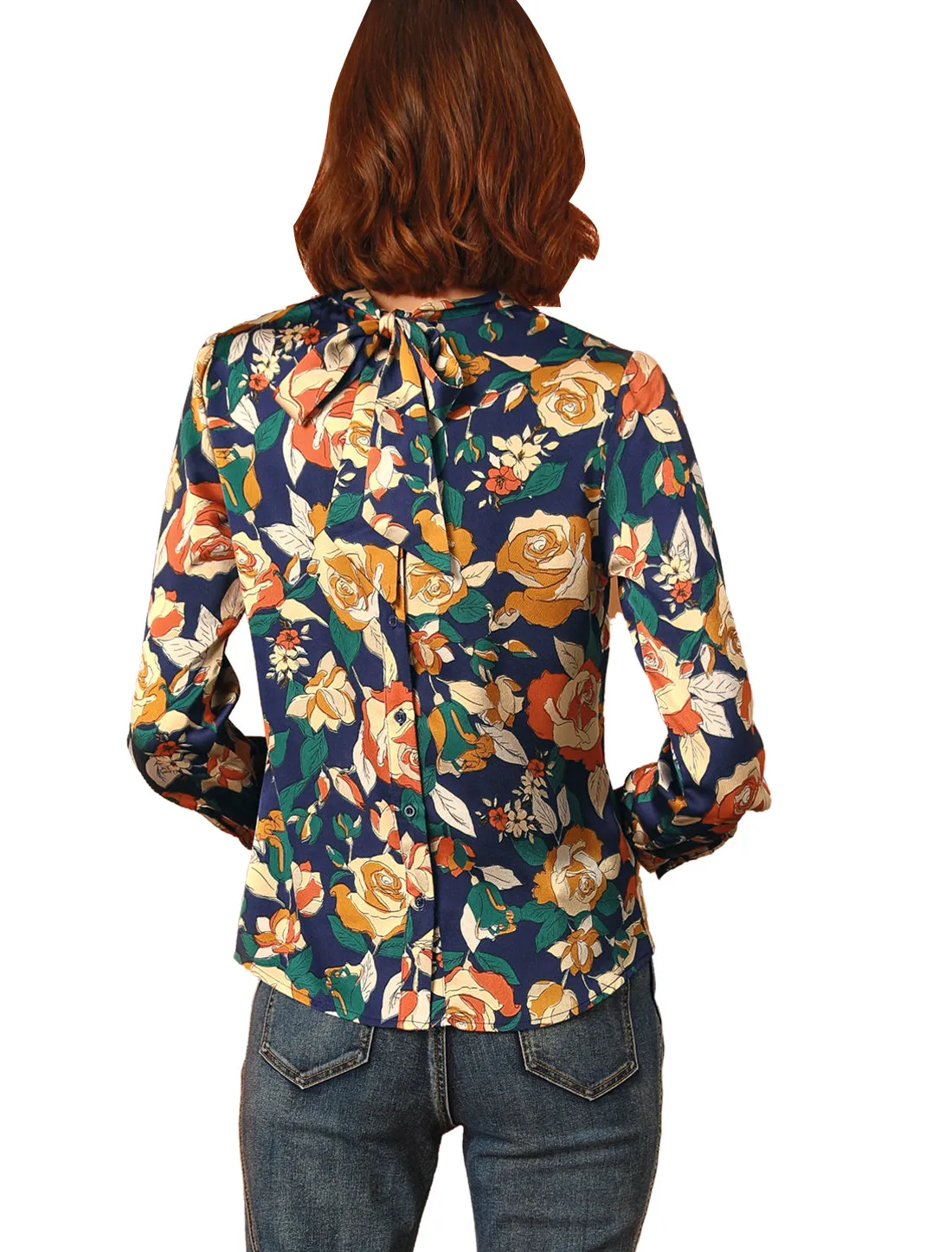Bow Tie Neck Button Back Long Sleeve Floral Vintage Blouse Shirt sold by Allegra K product image thumbnail 2
