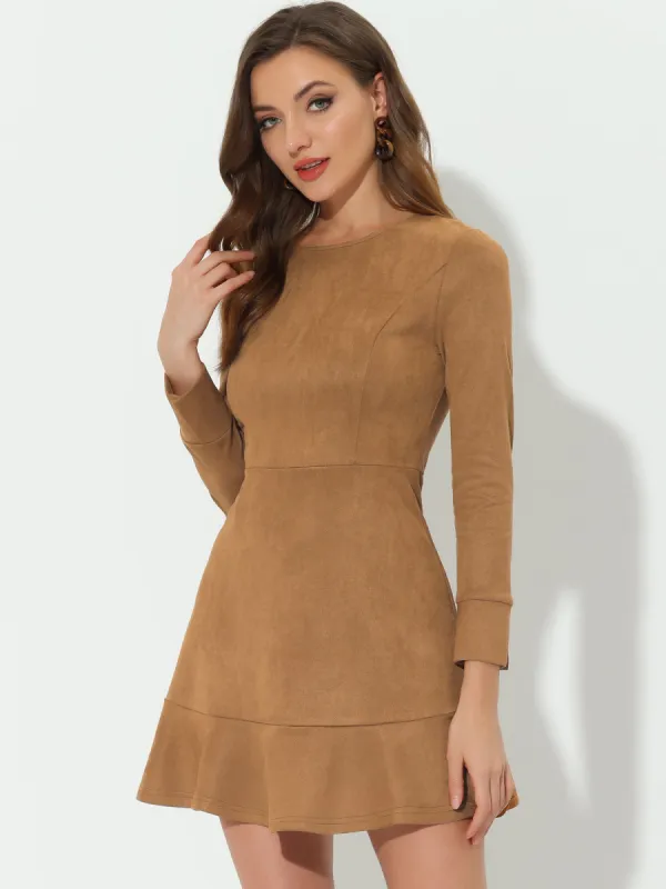 Faux Suede Round Neck Long Sleeve Ruffle Hem Party Mini Dress sold by Allegra K