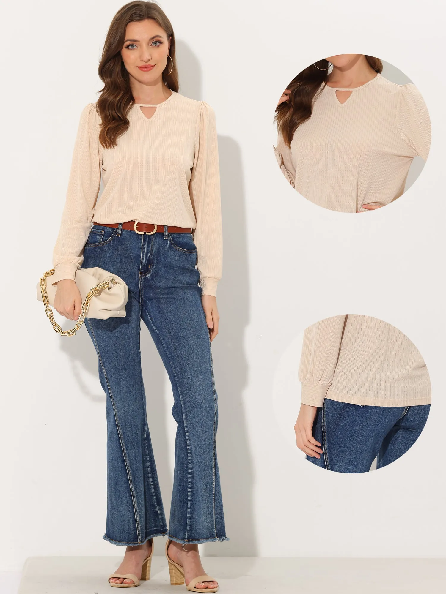 Cut Out Keyhole Collared Casual Long Sleeves Solid Top sold by Allegra K product image thumbnail 2