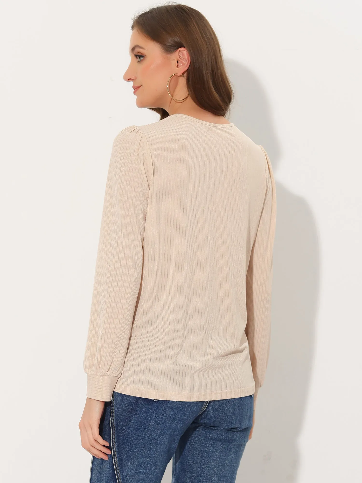 Cut Out Keyhole Collared Casual Long Sleeves Solid Top sold by Allegra K product image thumbnail 3