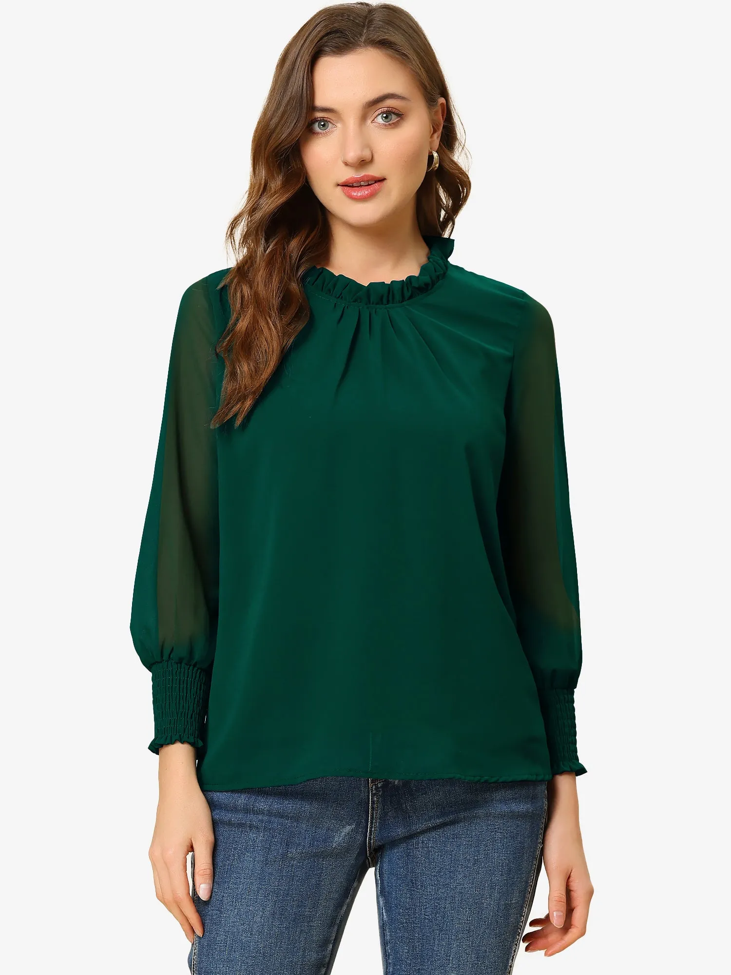 Ruffle Collar Smocked Sheer Long Sleeve Chiffon Blouse sold by Allegra K