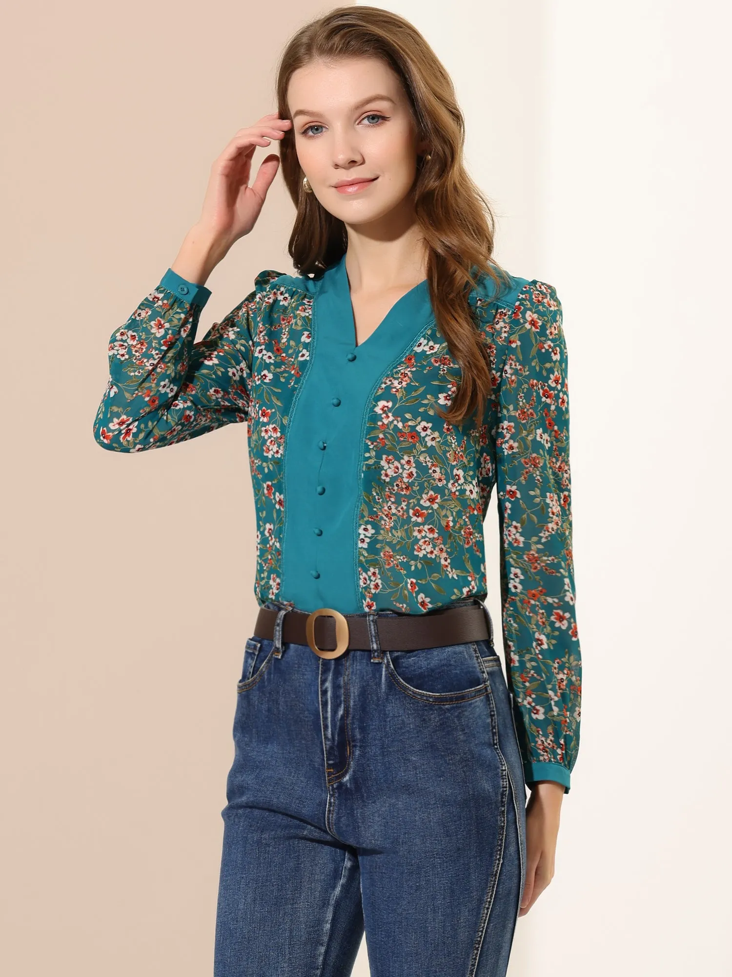 Casual Floral Long Sleeve V Neck Contrast Color Vintage Blouse sold by Allegra K product image thumbnail 2