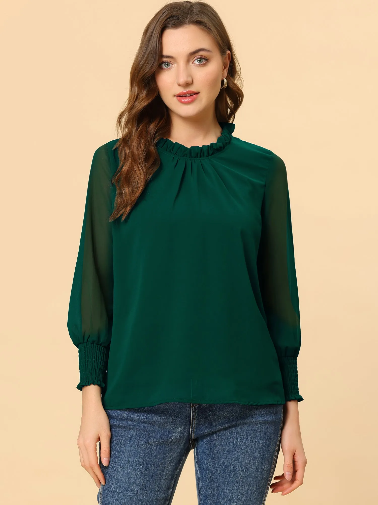 Ruffle Collar Smocked Sheer Long Sleeve Chiffon Blouse sold by Allegra K product image thumbnail 2