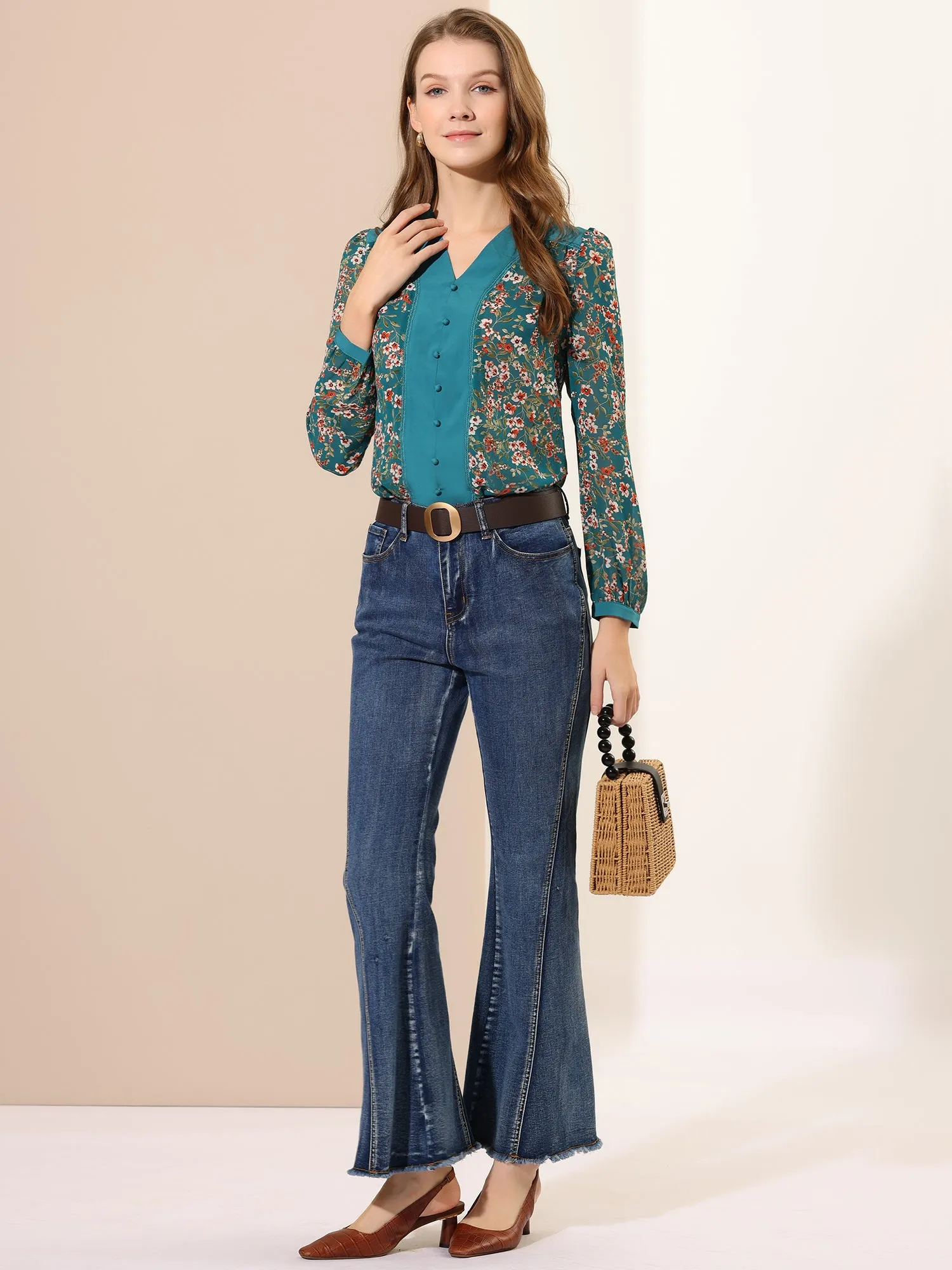 Casual Floral Long Sleeve V Neck Contrast Color Vintage Blouse sold by Allegra K