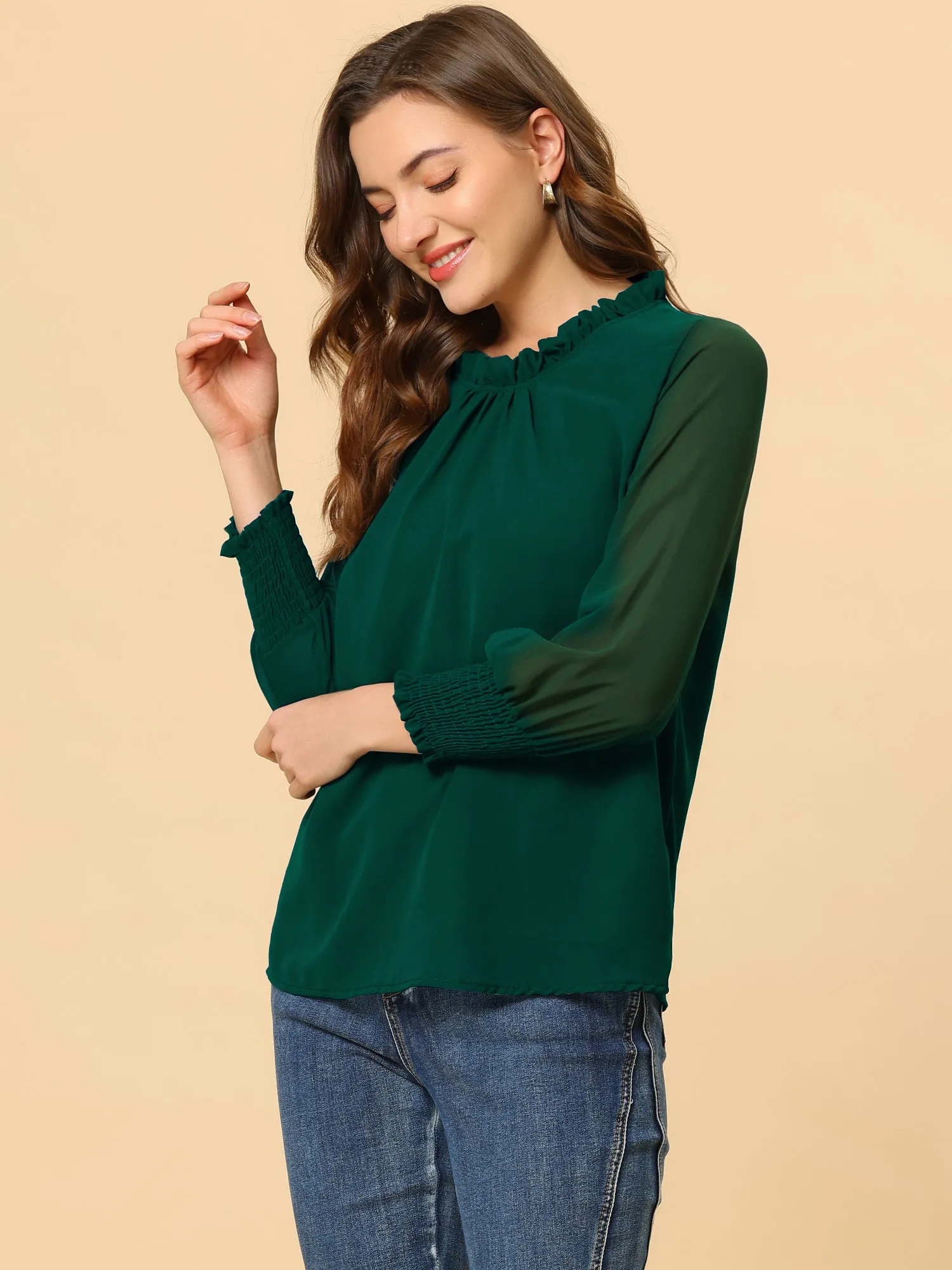 Ruffle Collar Smocked Sheer Long Sleeve Chiffon Blouse sold by Allegra K product image thumbnail 3