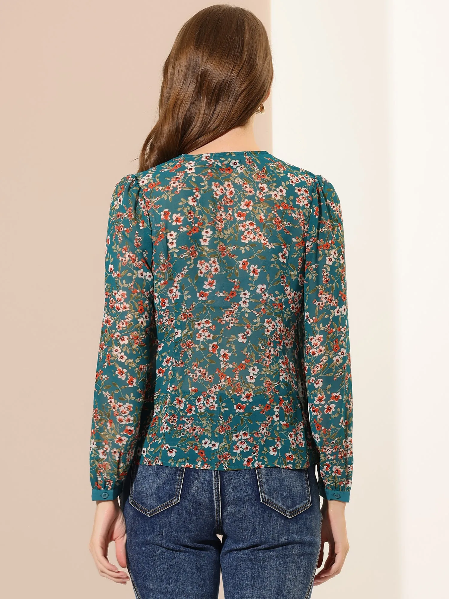 Casual Floral Long Sleeve V Neck Contrast Color Vintage Blouse sold by Allegra K product image thumbnail 4