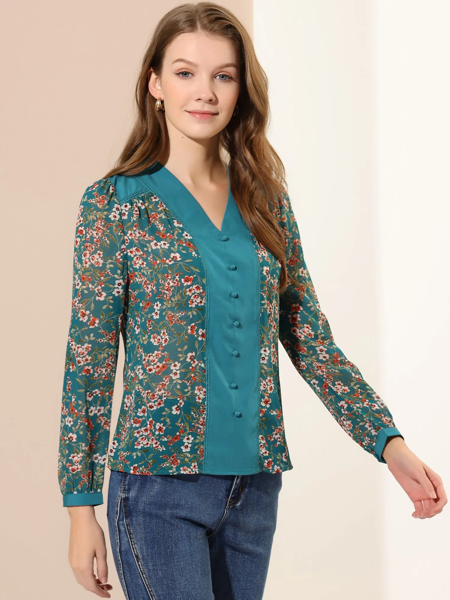 Casual Floral Long Sleeve V Neck Contrast Color Vintage Blouse sold by Allegra K product image thumbnail 3