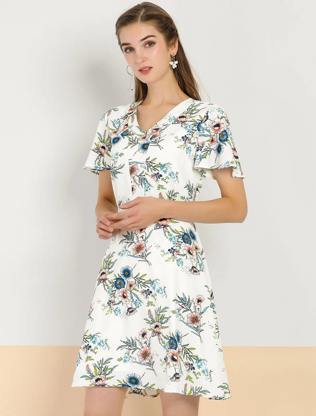 Floral Print Casual V-Neck Short Sleeve A-Line Flare Dress sold by Allegra K product image thumbnail 2