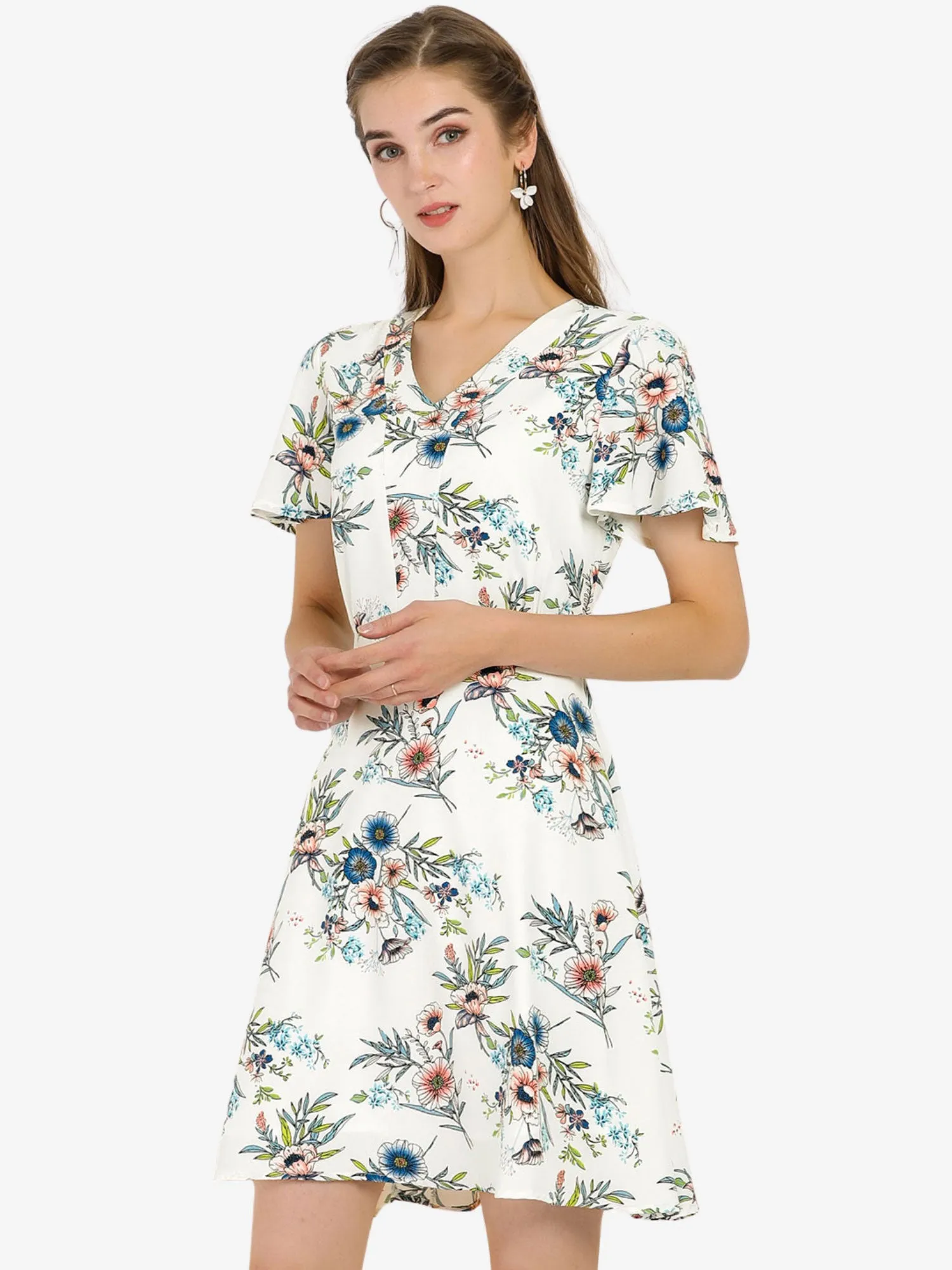 Floral Print Casual V-Neck Short Sleeve A-Line Flare Dress sold by Allegra K