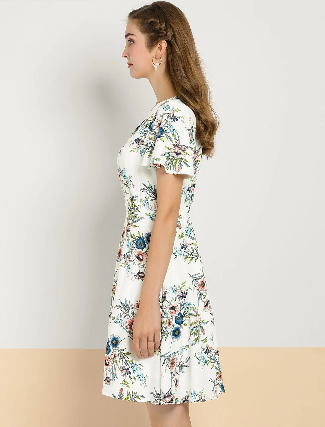 Floral Print Casual V-Neck Short Sleeve A-Line Flare Dress sold by Allegra K product image thumbnail 4