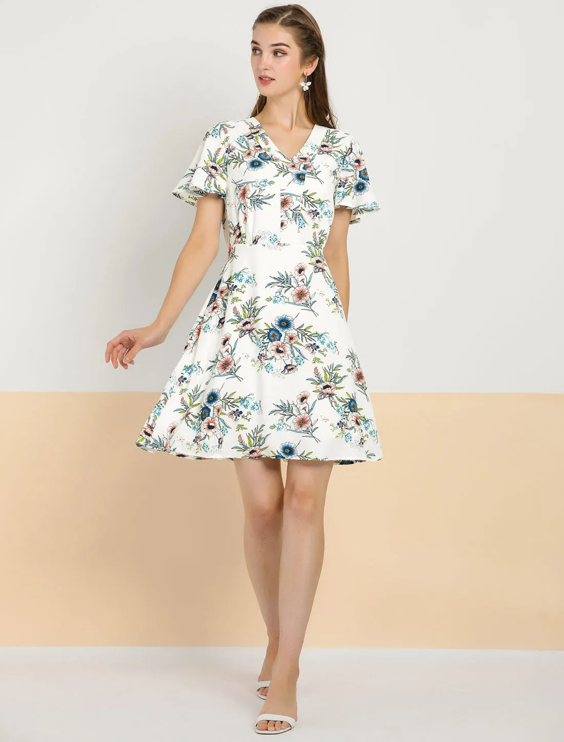 Floral Print Casual V-Neck Short Sleeve A-Line Flare Dress sold by Allegra K product image thumbnail 3