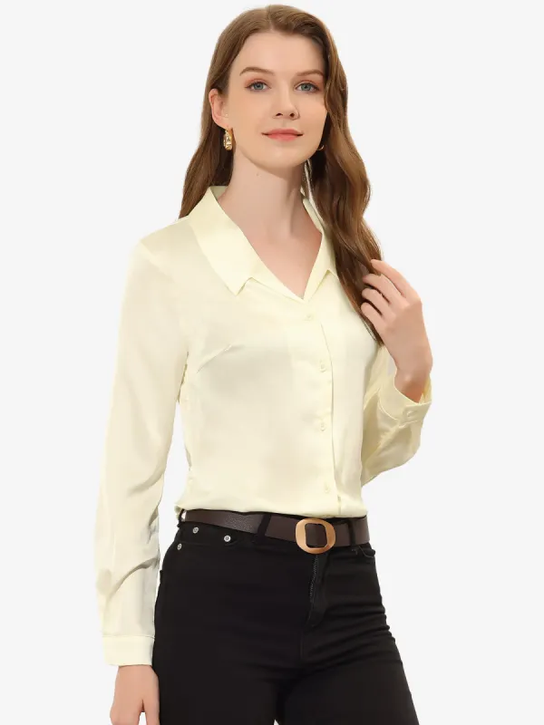 Satin Blouse Button Down Work Office Long Sleeve Top sold by Allegra K