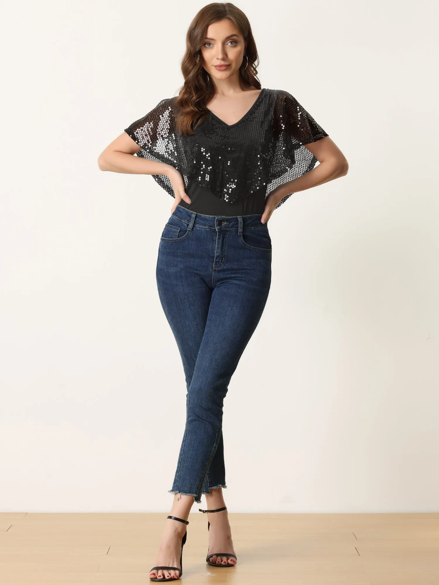 Sequin Double Layed Deep V Neck Open Sleeve Sparkly Overlay Blouse sold by Allegra K