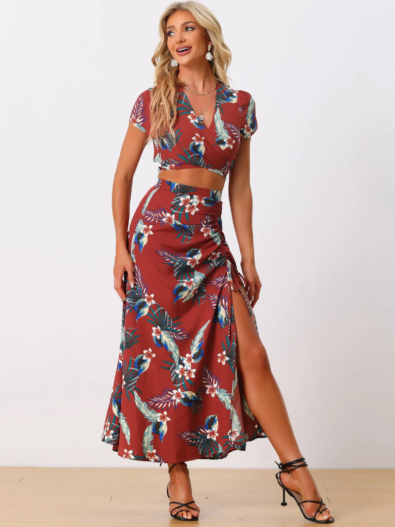 2PCS Tropical Hawaiian Twist Front Top and Ruched Front Maxi Skirt Set sold by Allegra K product image thumbnail 3