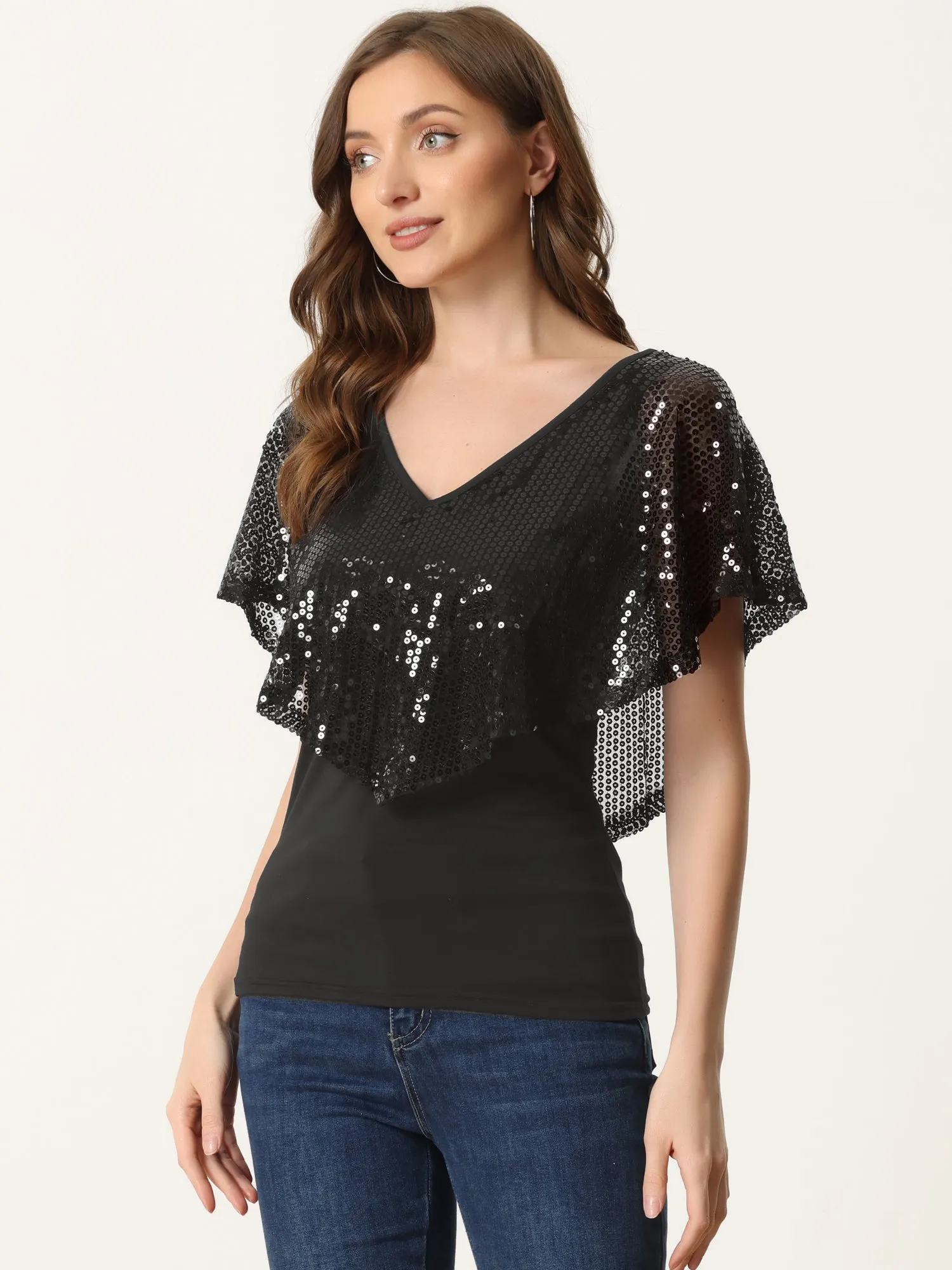 Sequin Double Layed Deep V Neck Open Sleeve Sparkly Overlay Blouse sold by Allegra K product image thumbnail 2