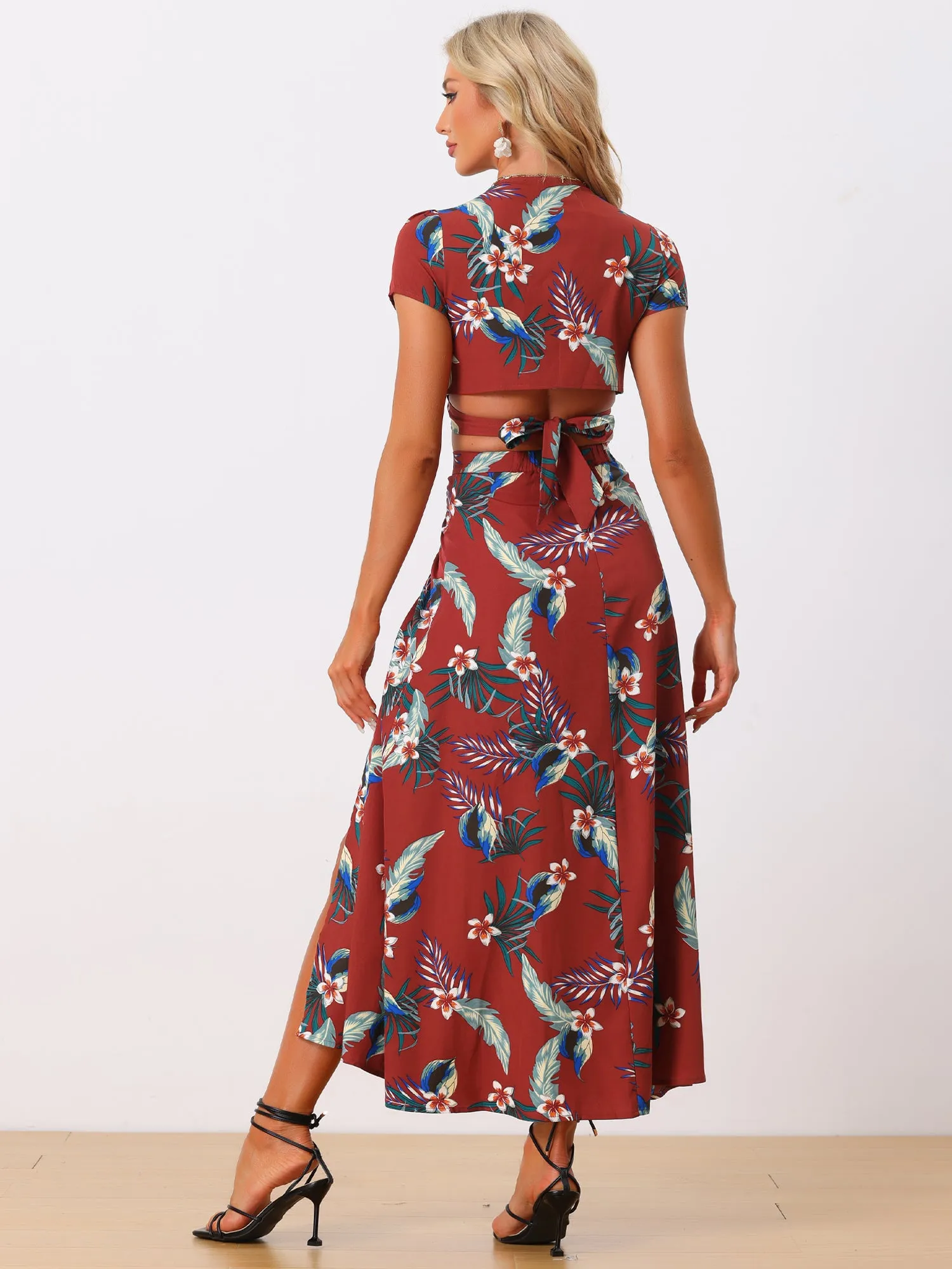 2PCS Tropical Hawaiian Twist Front Top and Ruched Front Maxi Skirt Set sold by Allegra K product image thumbnail 2