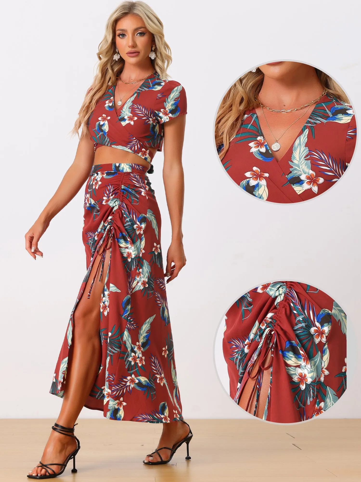 2PCS Tropical Hawaiian Twist Front Top and Ruched Front Maxi Skirt Set sold by Allegra K