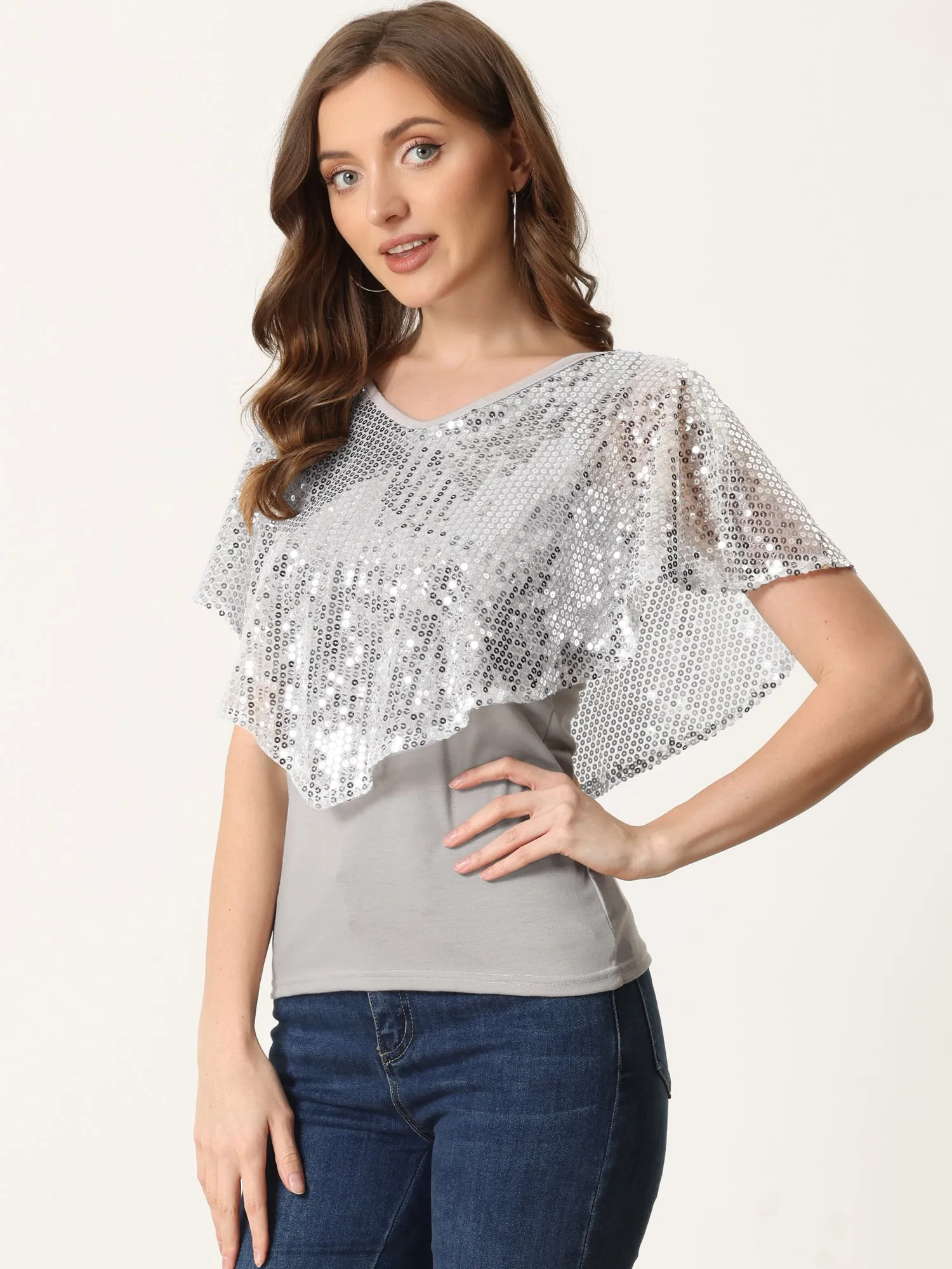 Sequin Double Layed Deep V Neck Open Sleeve Sparkly Overlay Blouse sold by Allegra K product image thumbnail 5