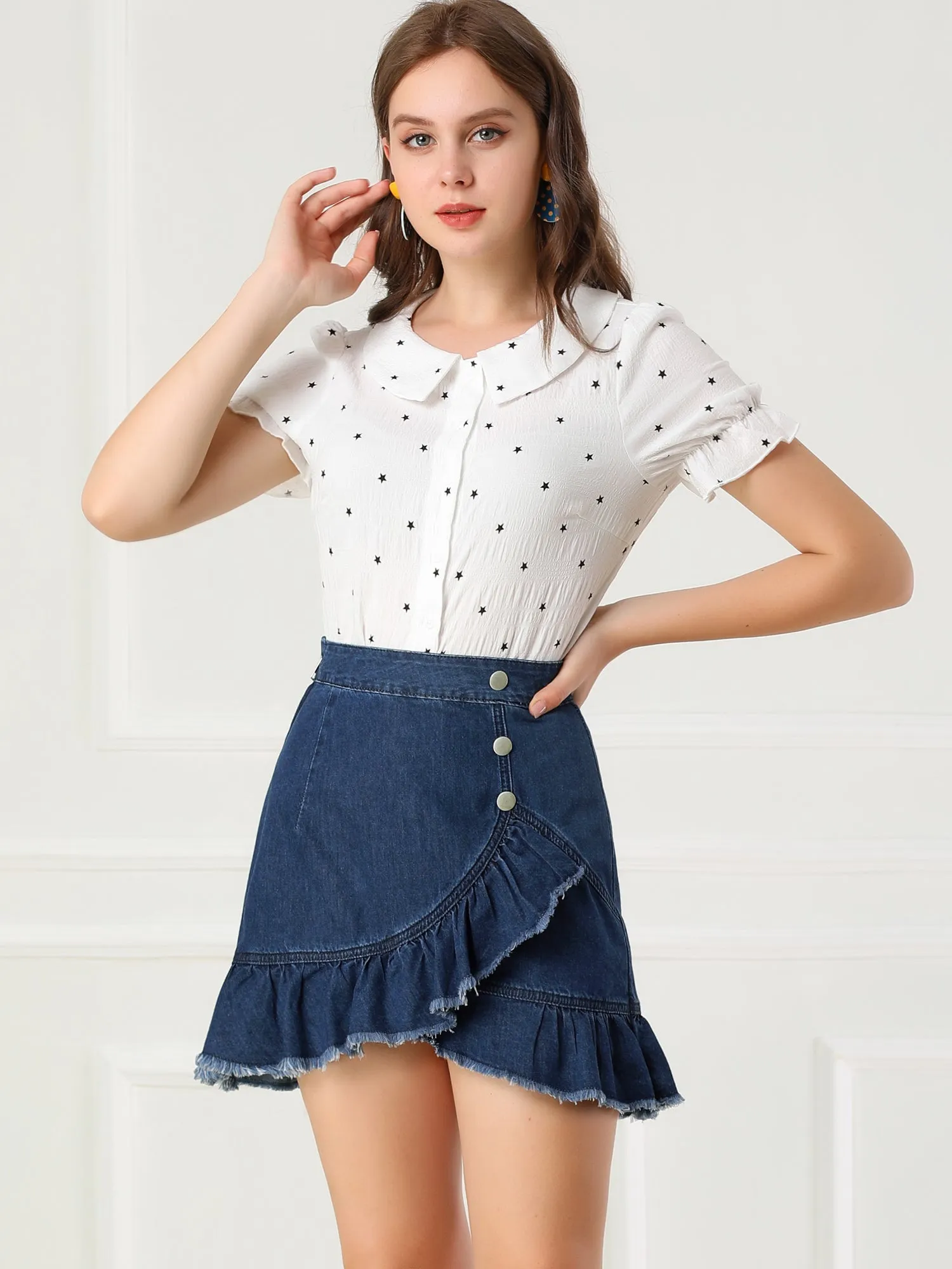 Ruffle Irregular Hem High Waist Lightweight Mini Jeans Denim Skirt sold by Allegra K product image thumbnail 2