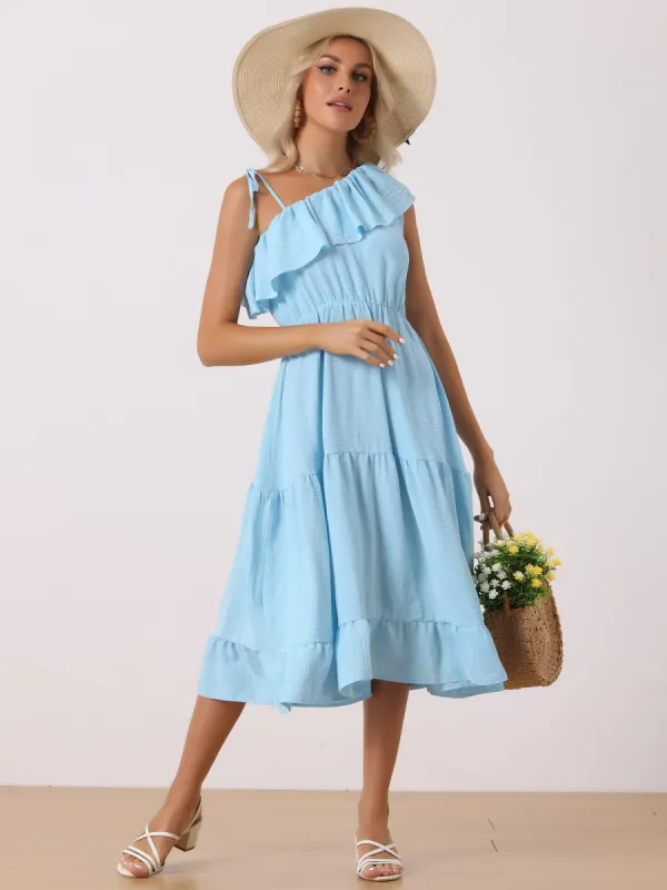One Shoulder Ruffle Casual Flowy A-Line Tiered Midi Dress made by Allegra K