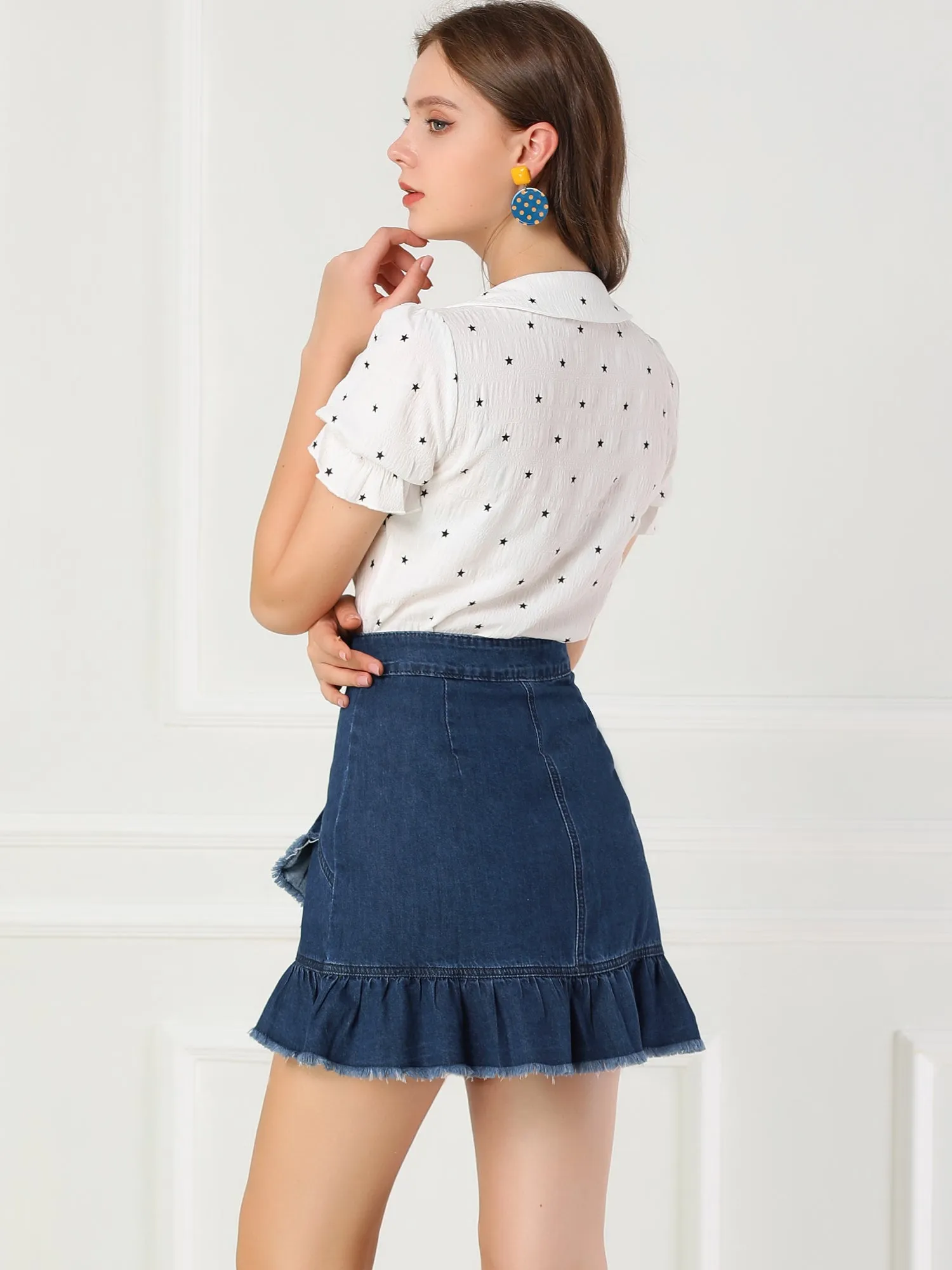 Ruffle Irregular Hem High Waist Lightweight Mini Jeans Denim Skirt sold by Allegra K product image thumbnail 4