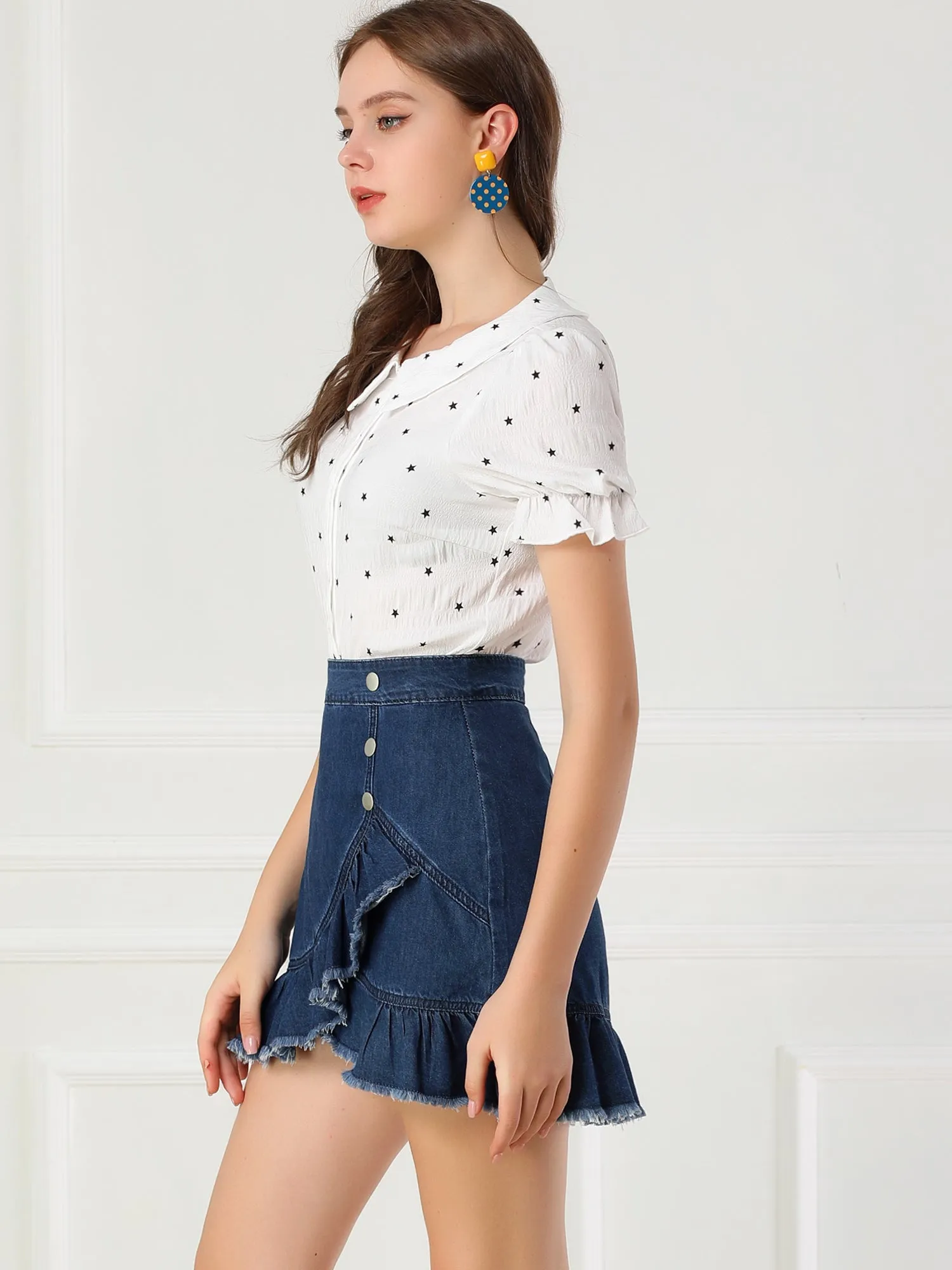 Ruffle Irregular Hem High Waist Lightweight Mini Jeans Denim Skirt sold by Allegra K product image thumbnail 3