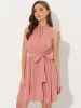 Sleeveless Solid Halter Neck Belted Pleated Mini Dress sold by Allegra K