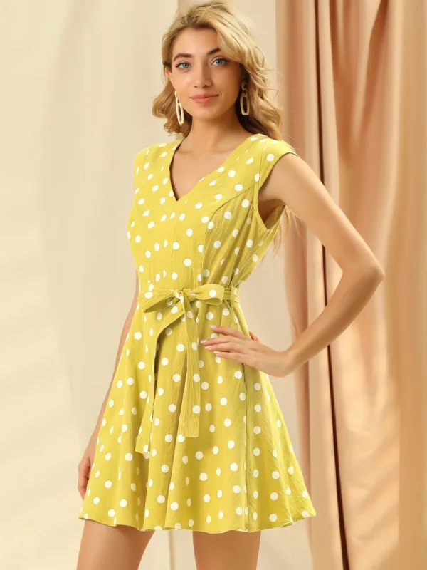 Polka Dots V Neck Cap Sleeve A-Line Belted Dress Sundress sold by Allegra K