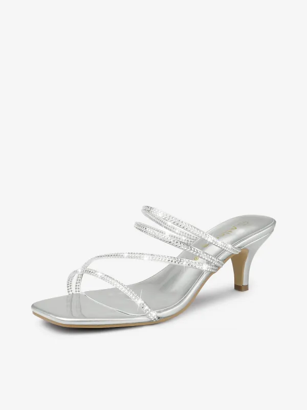 Square Toe Rhinestone Strappy Kitten Heel Slide Sandals sold by Allegra K
