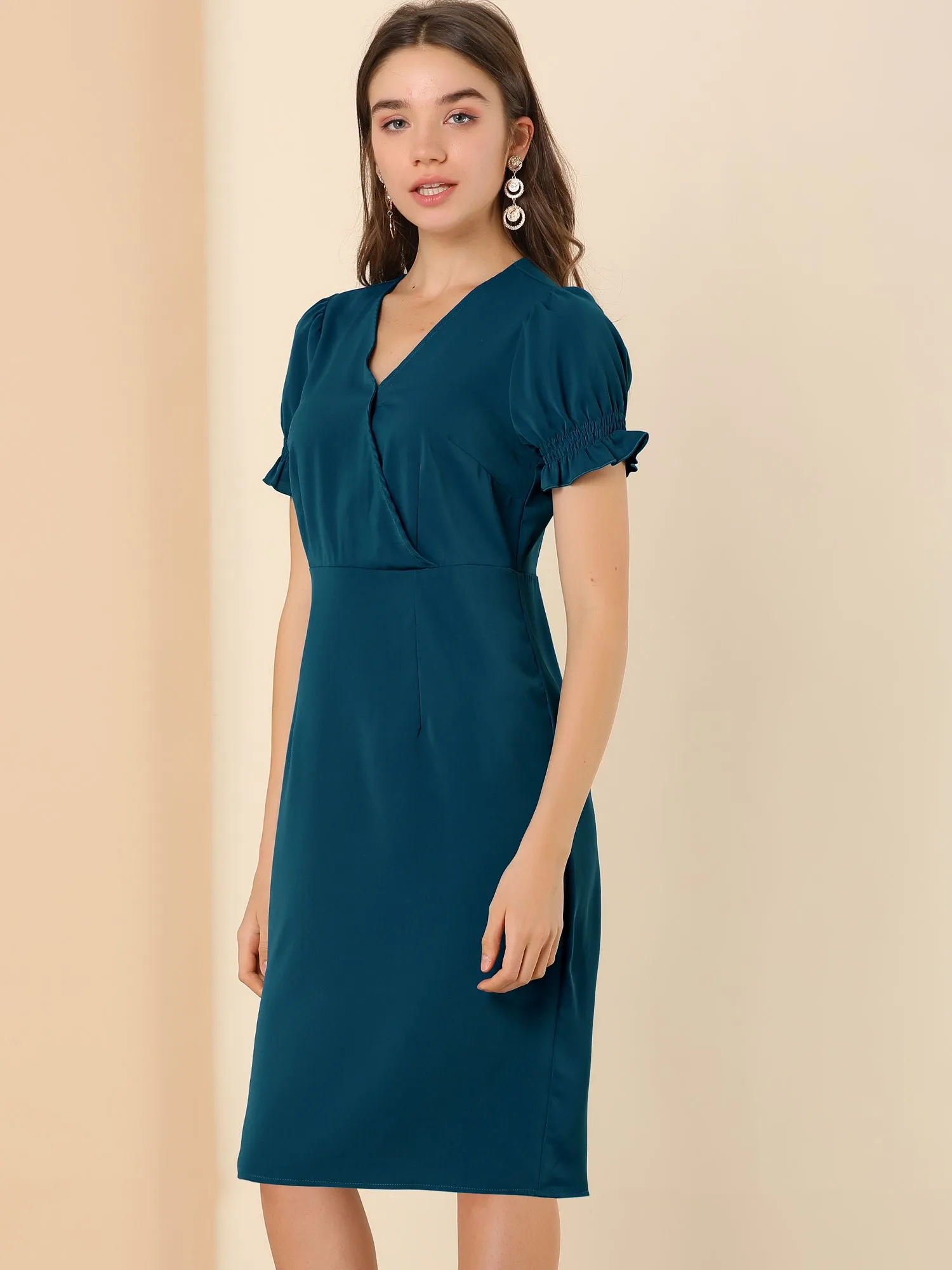 Casual V Neck A-Line Summer Short Puff Sleeve Dress sold by Allegra K product image thumbnail 4