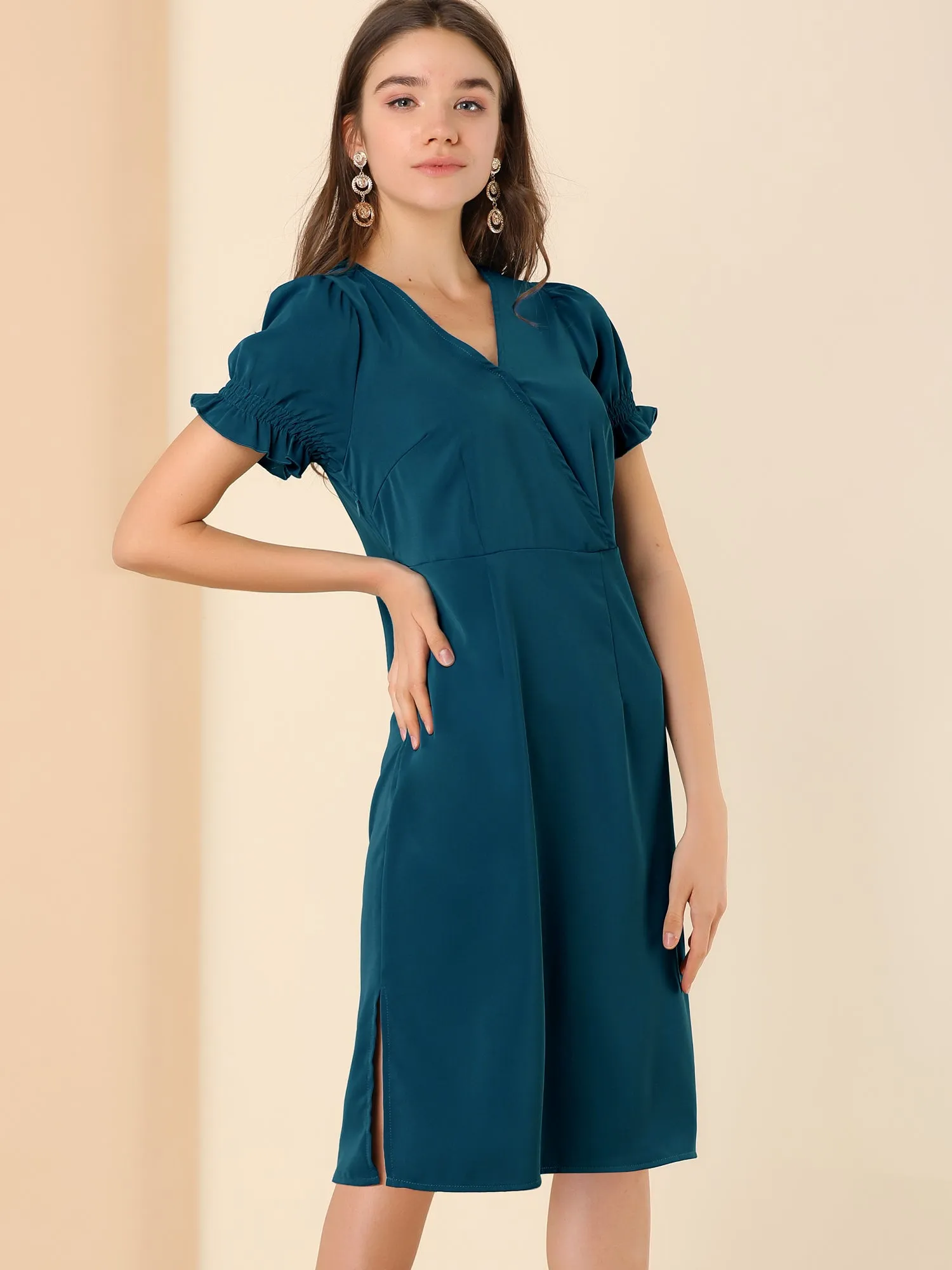 Casual V Neck A-Line Summer Short Puff Sleeve Dress sold by Allegra K product image thumbnail 3