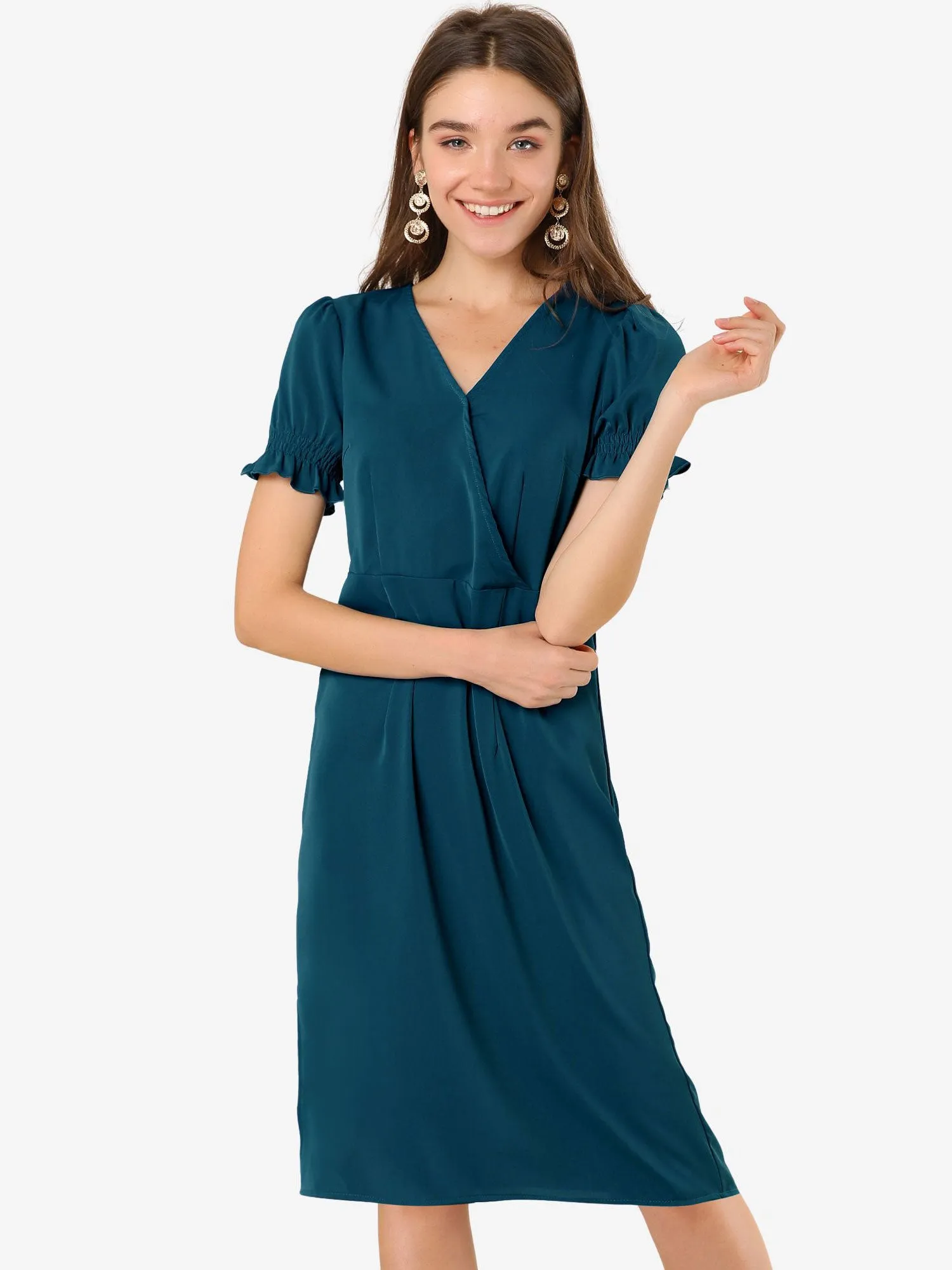 Casual V Neck A-Line Summer Short Puff Sleeve Dress sold by Allegra K