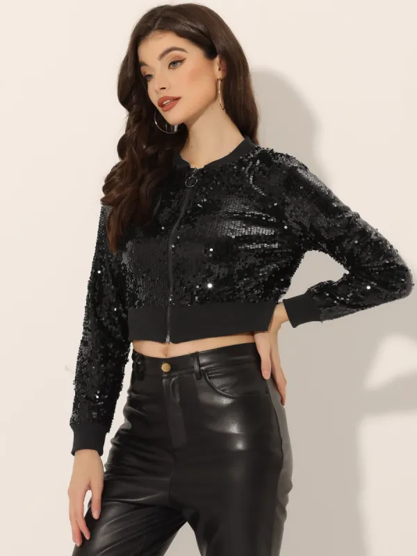 Sparkly Glitter Zipper Front Crop Sequin Bomber Jacket sold by Allegra K