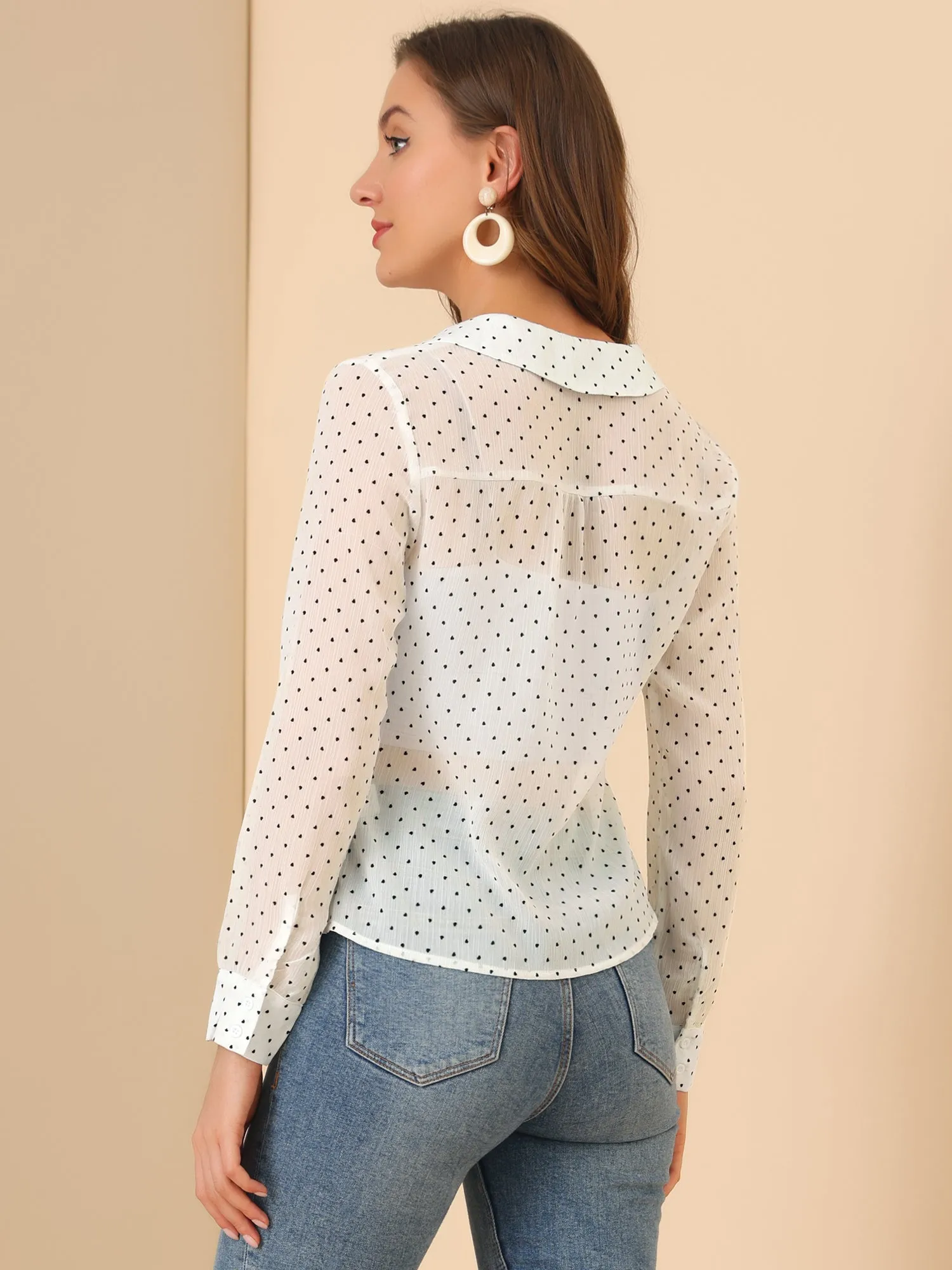 Heart Dots Turn Down Collar Sheer Long Sleeve Chiffon Blouse Top sold by Allegra K product image thumbnail 5