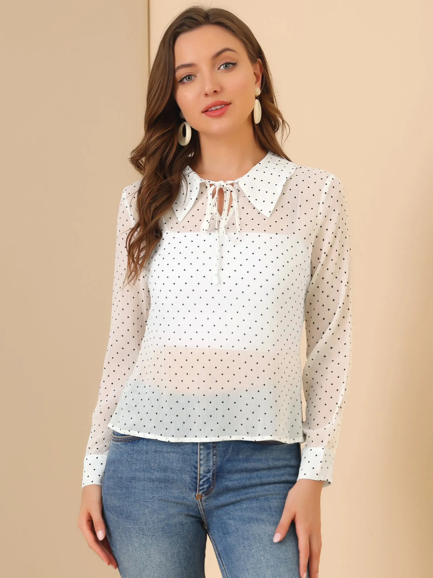 Heart Dots Turn Down Collar Sheer Long Sleeve Chiffon Blouse Top sold by Allegra K product image thumbnail 2
