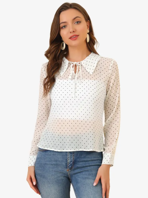 Heart Dots Turn Down Collar Sheer Long Sleeve Chiffon Blouse Top sold by Allegra K