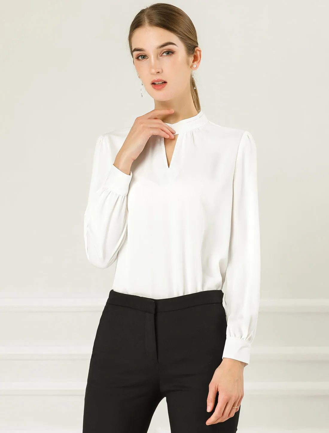 Keyhole Elegant Stand Collar Long Sleeve Chiffon Office Blouse sold by Allegra K product image thumbnail 3