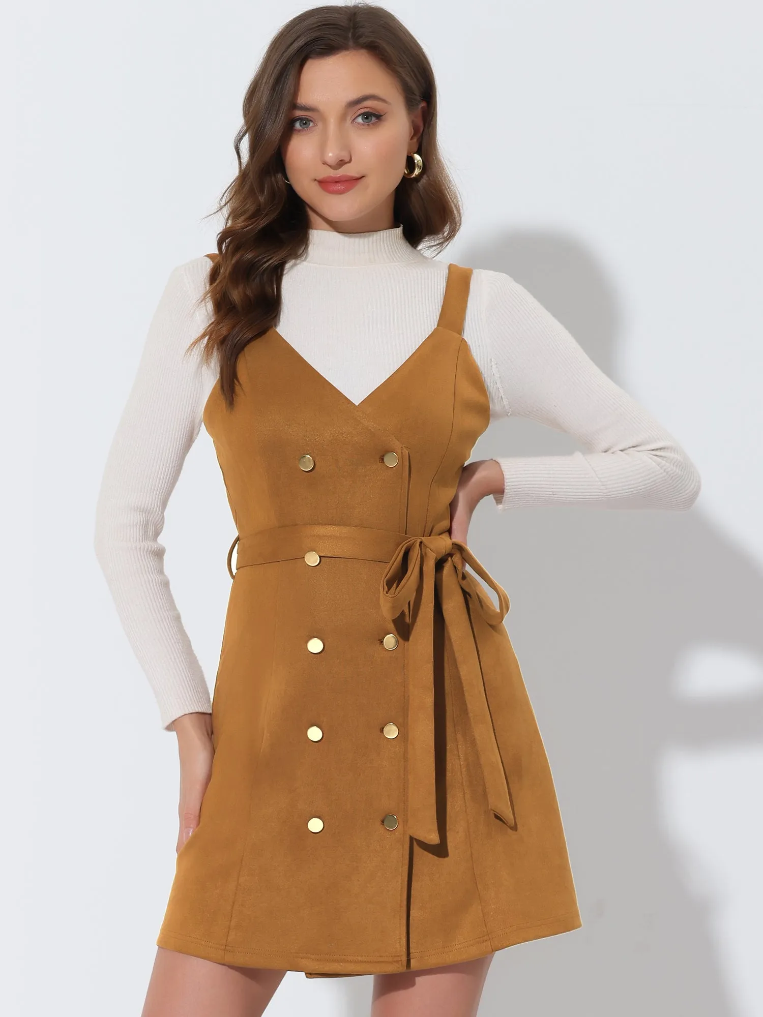 Faux Suede V Neck Button Down Belted Pinafore Overall Dress sold by Allegra K