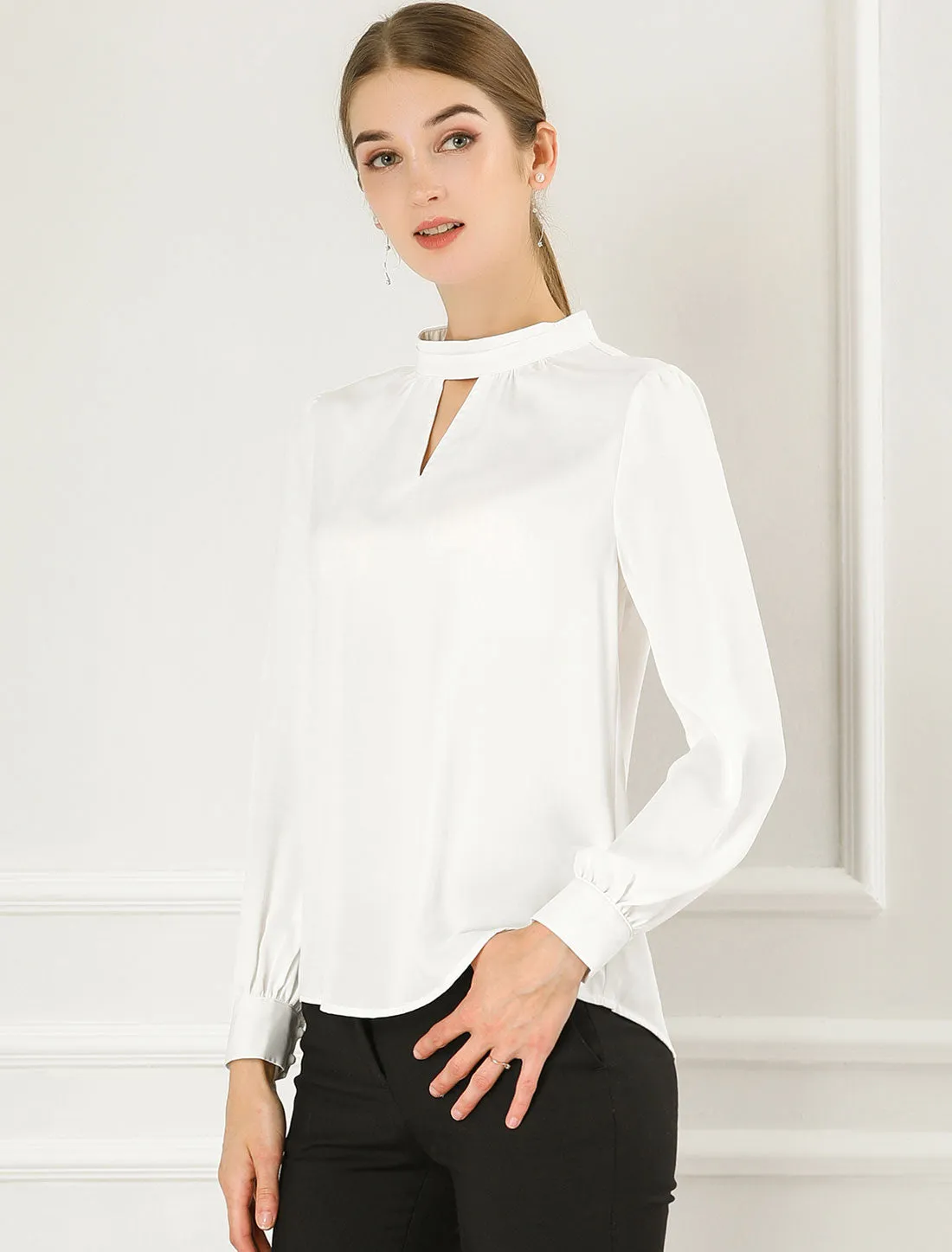Keyhole Elegant Stand Collar Long Sleeve Chiffon Office Blouse sold by Allegra K product image thumbnail 2