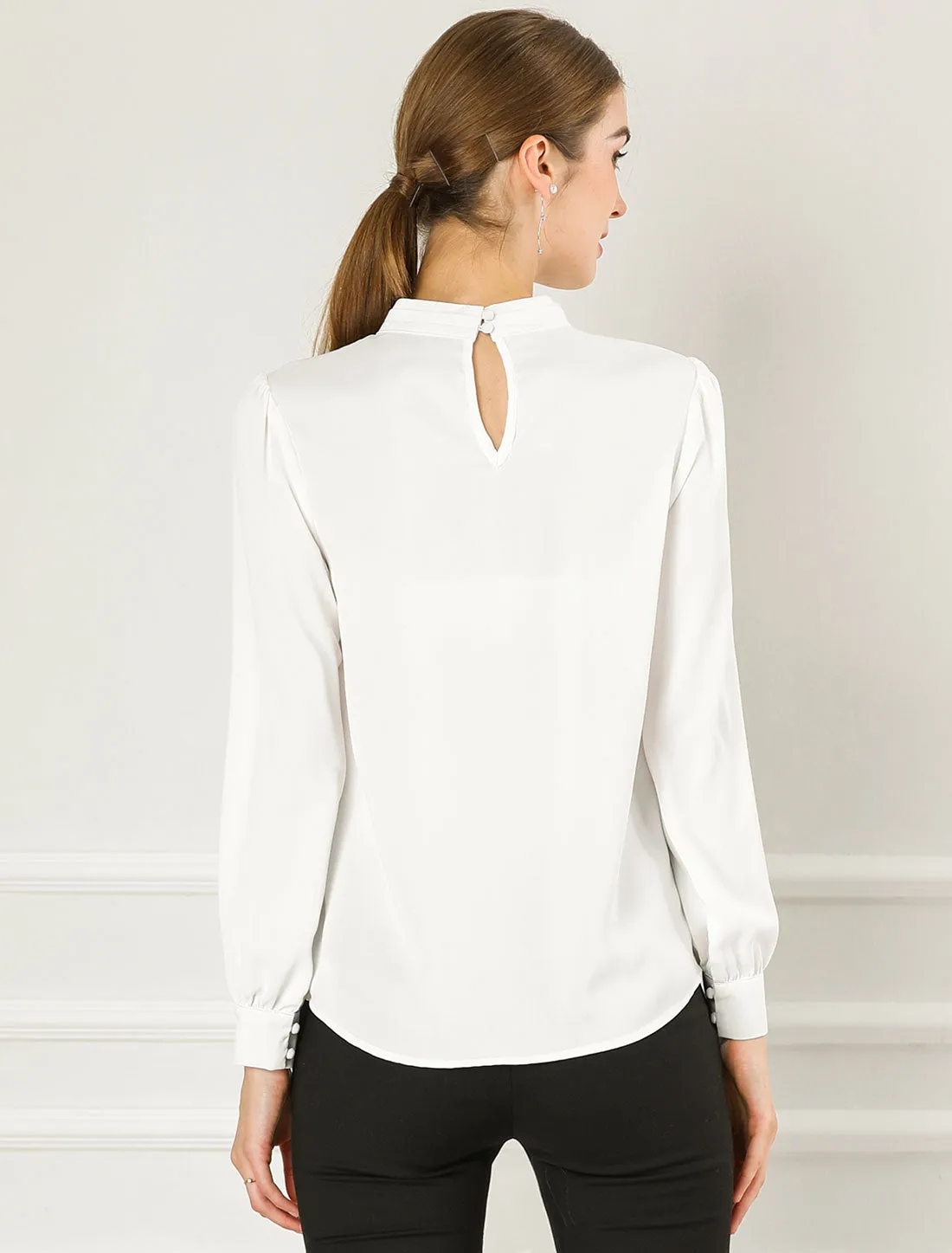 Keyhole Elegant Stand Collar Long Sleeve Chiffon Office Blouse sold by Allegra K product image thumbnail 4