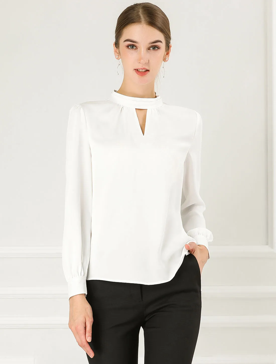 Keyhole Elegant Stand Collar Long Sleeve Chiffon Office Blouse sold by Allegra K