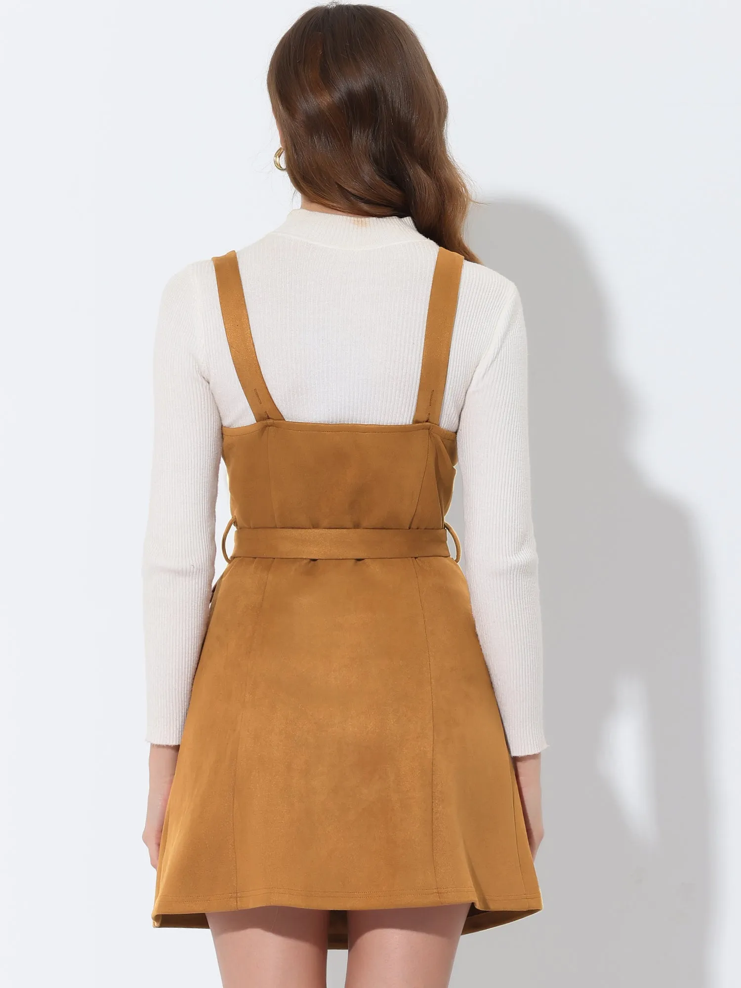 Faux Suede V Neck Button Down Belted Pinafore Overall Dress sold by Allegra K product image thumbnail 3