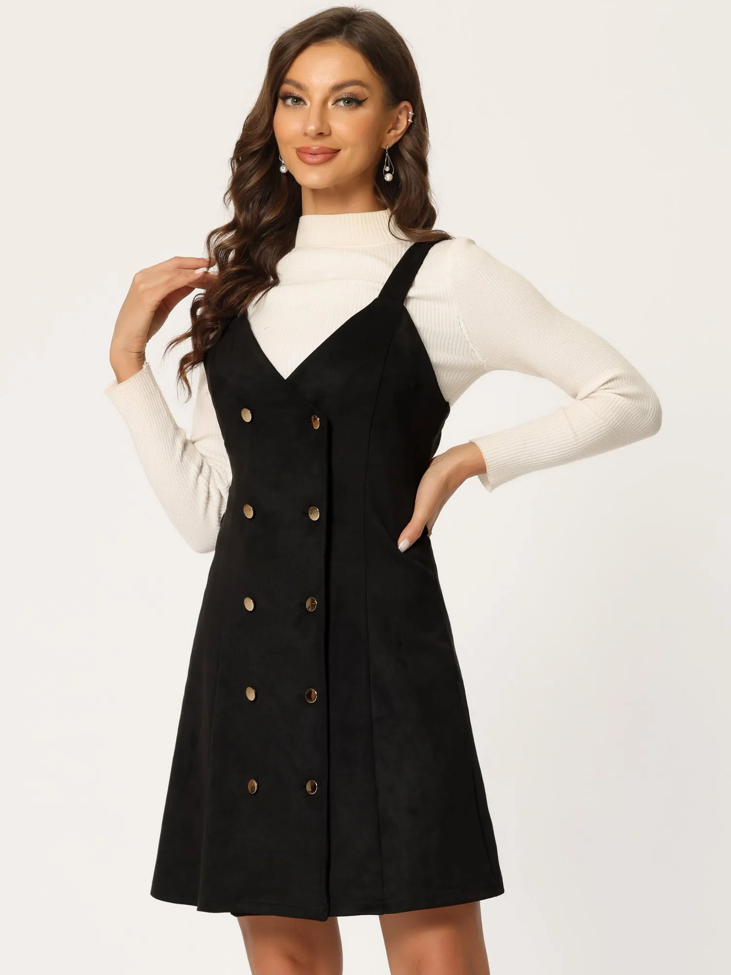 Faux Suede V Neck Button Down Belted Pinafore Overall Dress sold by Allegra K product image thumbnail 5