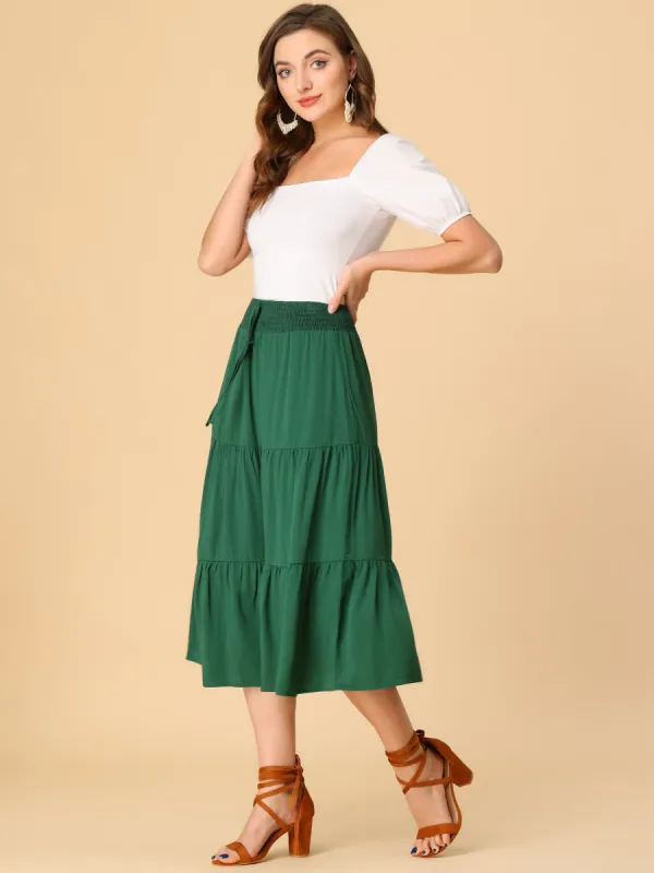 Boho High Waist Swing A-Line Tiered Midi Skirt sold by Allegra K