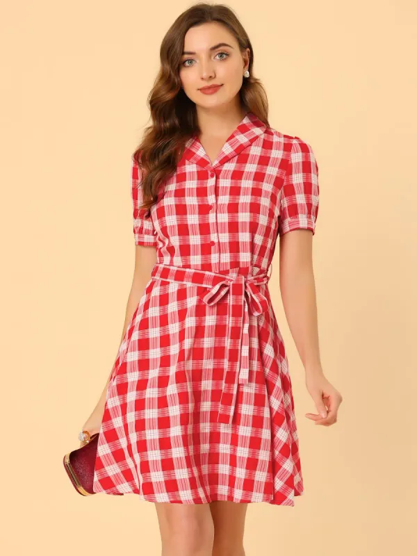 Short Sleeve Waist Belt Check Button Up A-Line Plaid Shirt Dress made by Allegra K