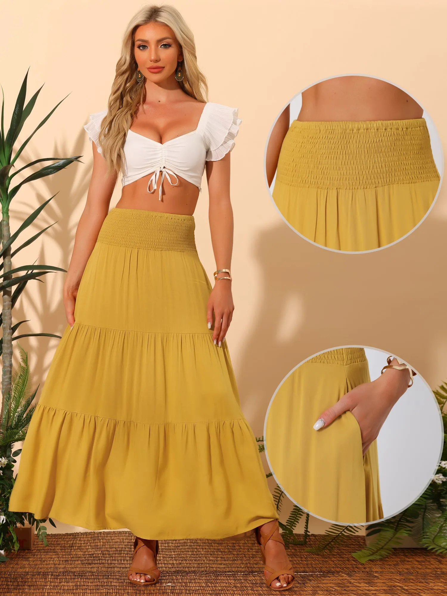 Summer Maxi Casual Elastic High Waist Tiered Boho Long Skirt sold by Allegra K product image thumbnail 2