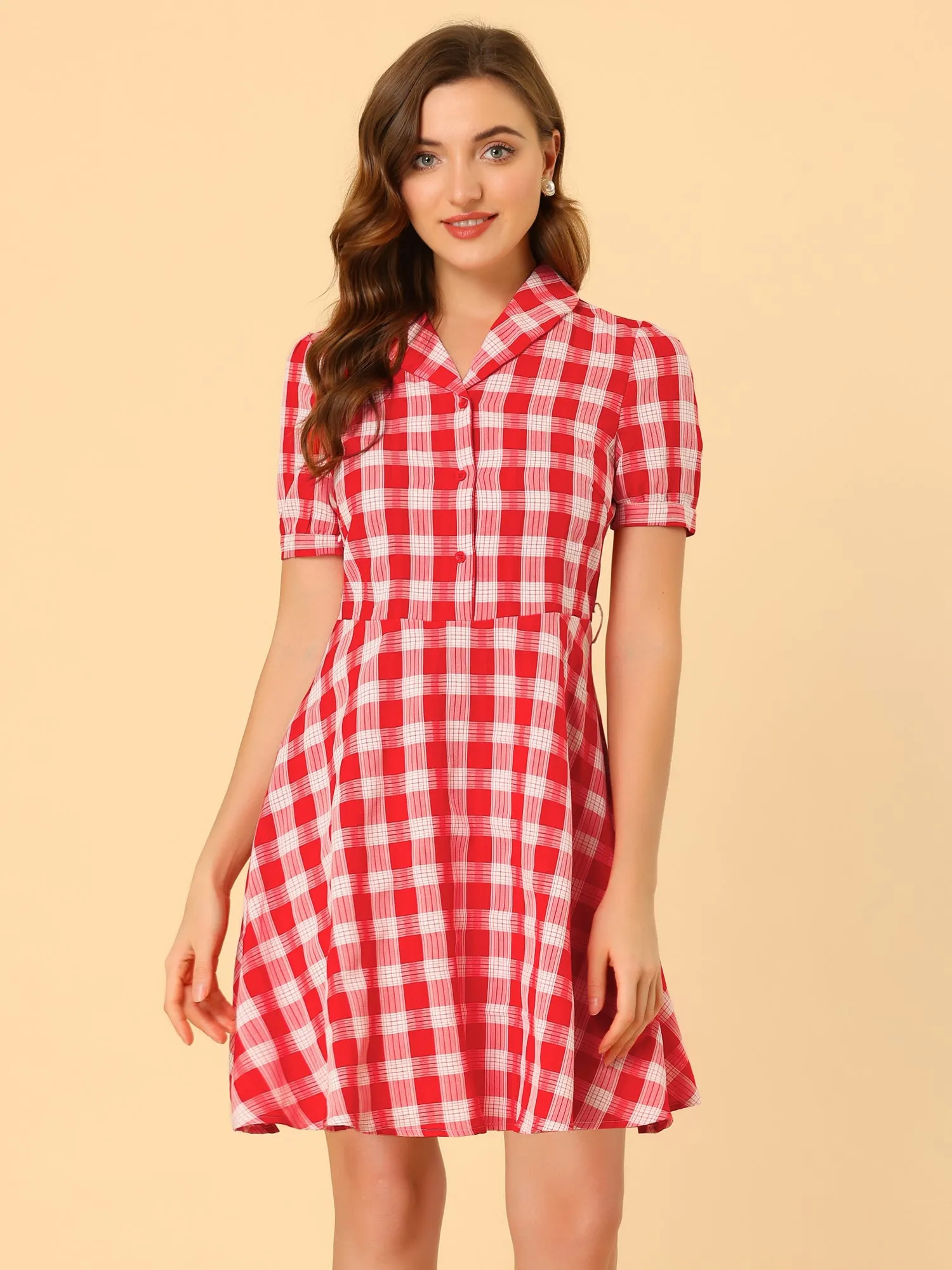 Short Sleeve Waist Belt Check Button Up A-Line Plaid Shirt Dress sold by Allegra K product image thumbnail 4