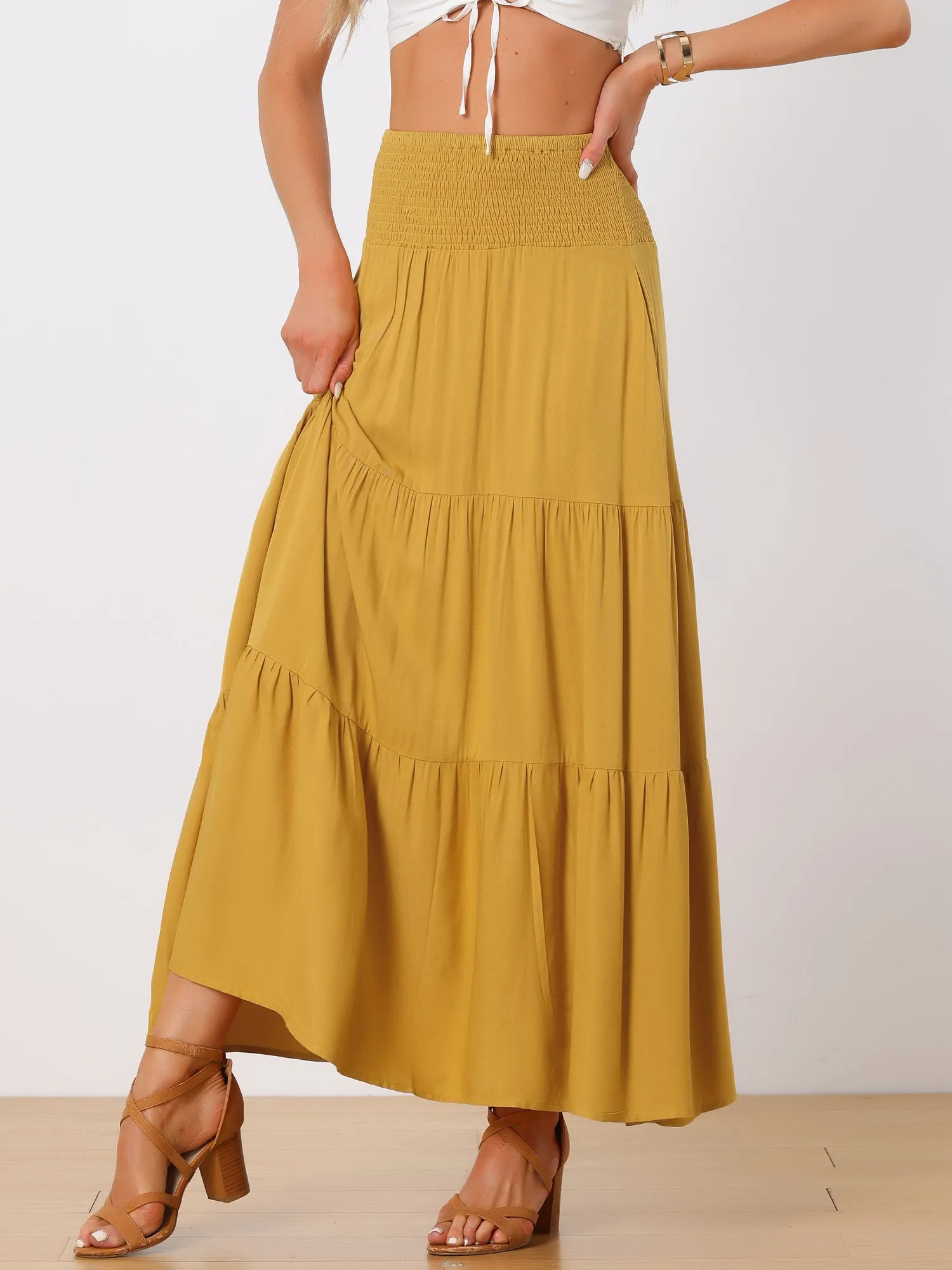 Summer Maxi Casual Elastic High Waist Tiered Boho Long Skirt sold by Allegra K product image thumbnail 4