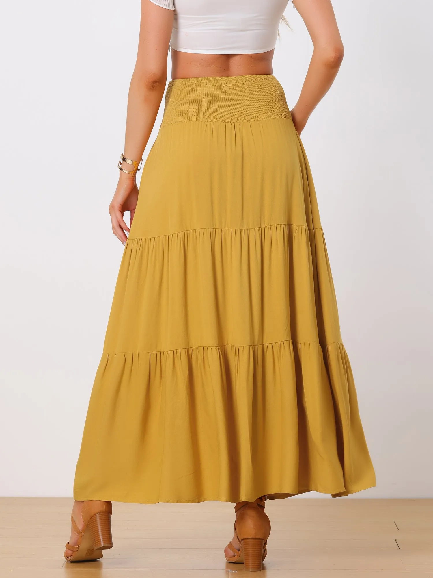 Summer Maxi Casual Elastic High Waist Tiered Boho Long Skirt sold by Allegra K product image thumbnail 3